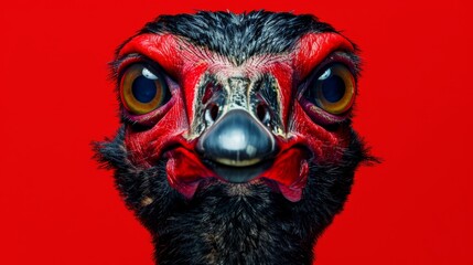   A near view of an ostrich's head against a red backdrop, featuring a distinct black avian profile