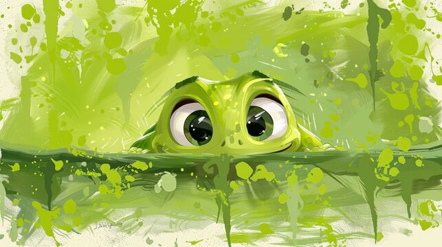  A painting of a green frog peering from the water with a matching green splash as a paint smear on its face