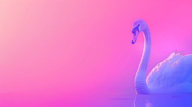   A white swan floats on a body of water against a pink-and-blue background