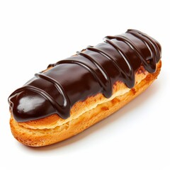   A chocolate-covered doughnut atop white tablecloth, resting on a slice of bread Bite mark present in doughnut