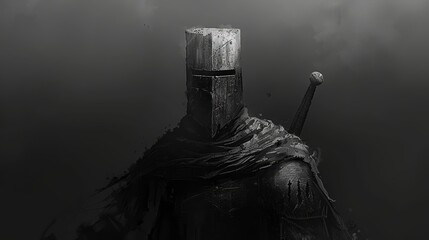   A monochrome image of a man in knight attire, brandishing a sword, and a bird atop his helmet - obrazy, fototapety, plakaty