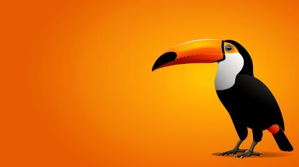 Fototapeta premium A towering toucan in black and white perches on an orange backdrop, another smaller toucan of the same hue nestled at its feet