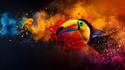 Naklejka premium A toucan with vibrant paint splaters on its face and a backdrop of a splash