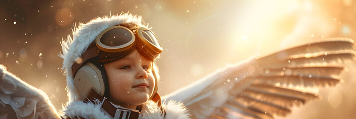  Sassy little boy wearing aviator googles and wings a front side of a young boy angel flying in to the cloudy sky background      
 - obrazy, fototapety, plakaty