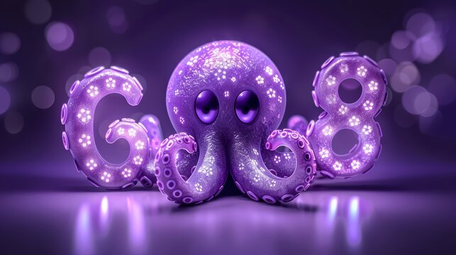   A purple octopus sits in the center of a purple backdrop, its eight tentacles forming the figure eight