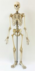   A human skeleton, depicted against a pristine white backdrop, balances on one leg while clutching the other with both hands