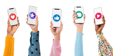 Png Smartphone screen hand mockup with social media icons