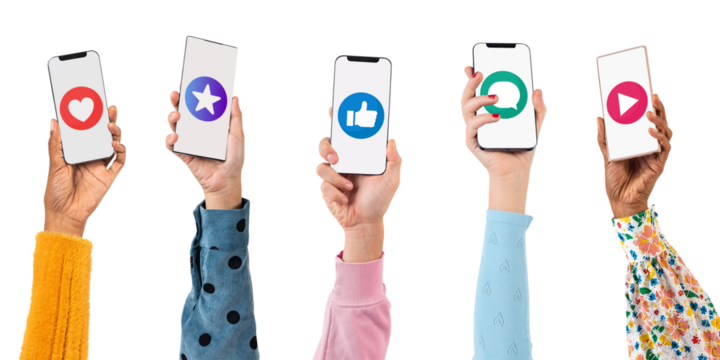 Png Smartphone screen hand mockup with social media icons