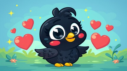   A black bird perches on green grass, adjacent to a cluster of red hearts against a blue sky