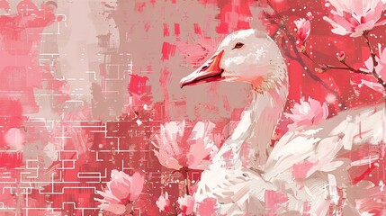 Fototapeta premium A painting of a white swan against a pink backdrop Flowers, half pink and half white, adorn the left side of the image