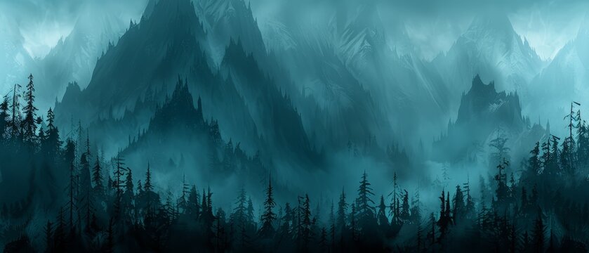   A painting of mountains and trees in a foggy, dark landscape Trees dot the foreground