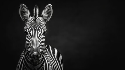   A black-and-white image of a zebra gazing at the camera with its head slightly turned - obrazy, fototapety, plakaty