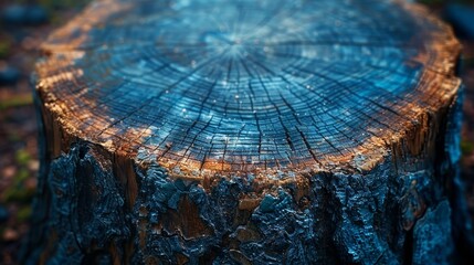   A tight shot of a tree stump, bearing the scars of being felled, sports a bluish hue atop - obrazy, fototapety, plakaty
