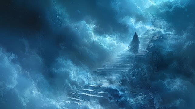  A stairway ascending into the clouds, with an individual on a step midway up