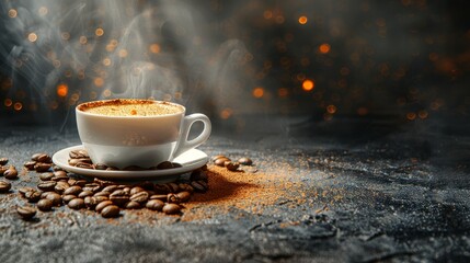   A cup of coffee atop a saucer, nearby rests a mound of coffee beans on the table - obrazy, fototapety, plakaty