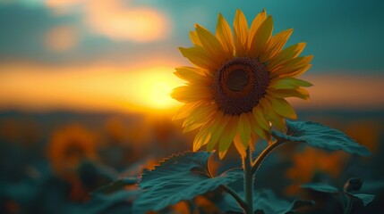   A sunflower at the field's heart, surrounded by sunflowers Sun sets in distance