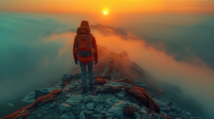   A man atop a mountain, silhouetted against a sunset backdrop, carries a backpack