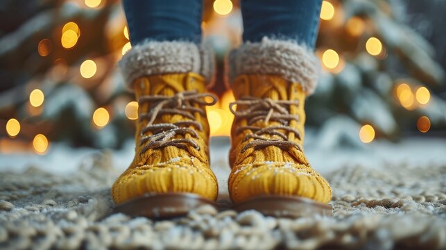   A person's feet, wearing yellow boots, are prominently featured in this close-up image Behind them lies a Christmas tree in the background