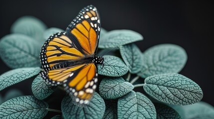   A yellow and black butterfly atop a verdant leafy plant, surrounded by numerous green leaves