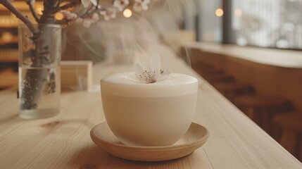   A cup atop a wooden table, beside a vase with a flower blooming above it