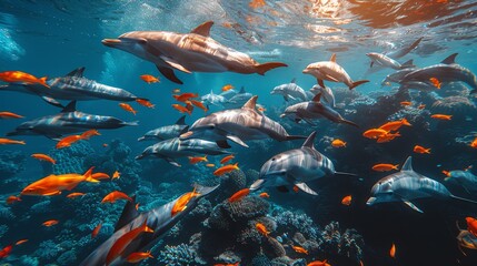   A sizable pod of dolphins swims in a vast expanse of water teeming with corals and an abundant school of fish - obrazy, fototapety, plakaty
