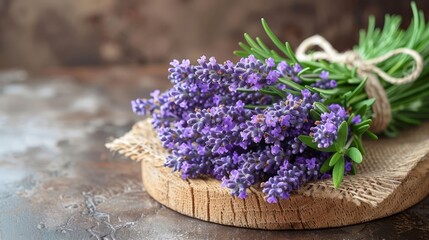   A close-up of lavender flowers in a bunch on a wooden board, secured with twine