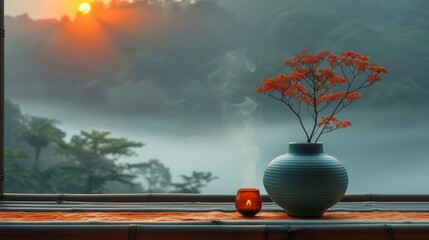   A vase atop a window sill, one empty, the other holding a planted vase - obrazy, fototapety, plakaty