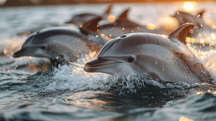   A group of dolphins swim in a sun-lit body of water, their leaps creating splashes as sunlight filters through
