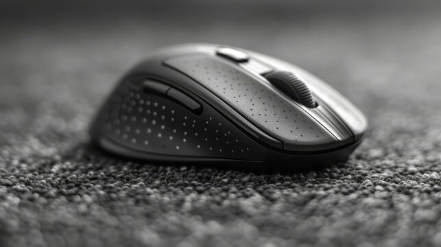   A black-and-white image of a computer mouse on a carpeted surface, with another black-and-white mouse photograph placed atop it