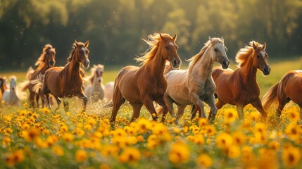  A herd of horses gallops through a sunflower field, surrounded by trees in the background
