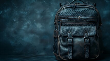   A brown leather backpack rests atop a blue and black wall Nearby, a pair of scissors is placed Another pair of scissors is present as well - obrazy, fototapety, plakaty