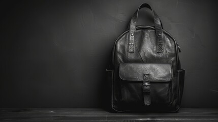   A monochrome image of a leather backpack atop a weathered wooden table, situated in a dimly lit room with a black wall serving as the background - obrazy, fototapety, plakaty