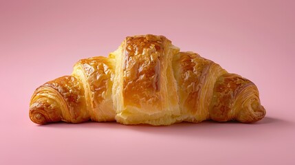   A croissant on rosy backdrop, biten - one..Or, for a more literal translation:..Croissant on pink background, taken bite from one - obrazy, fototapety, plakaty