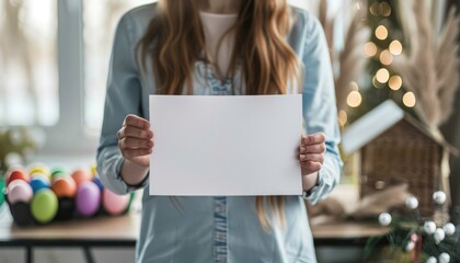 Woman holding paper in front of face