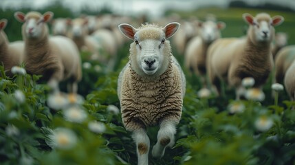   A herd of sheep aligned on a verdant field, surrounded by white foreground flowers