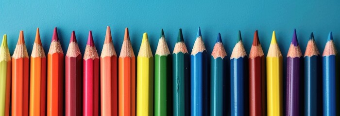 Multiple colored pencils neatly arranged in a row against a vibrant blue background.