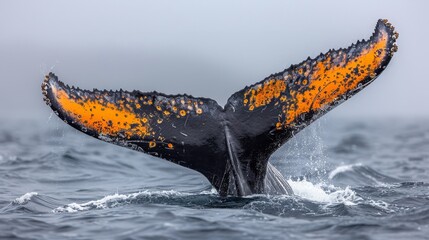   A humpback whale's tail flips out of the water in a gray and orange coloration - obrazy, fototapety, plakaty