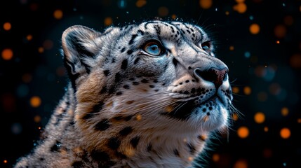   A tight shot of a snow leopard's face against a black backdrop, adorned with yellow and black spots
