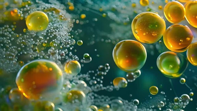 A closeup image of a diverse variety of algae species floating in the clear blue water. Some are a deep green color while others have a golden hue each one showing signs of their ability .