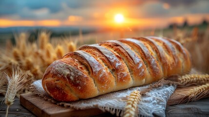   A loaf of bread atop a wooden cutting board, before a sunsetting wheat field and backdrop