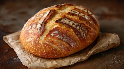   A loaf of bread on a wax paper-covered surface