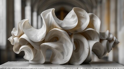   A large, white sculpture sits atop a marble slab, before a grand stone archway