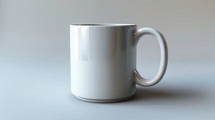   Close-up of a white coffee mug against gray backdrop, featuring a shadow of the mug to its right