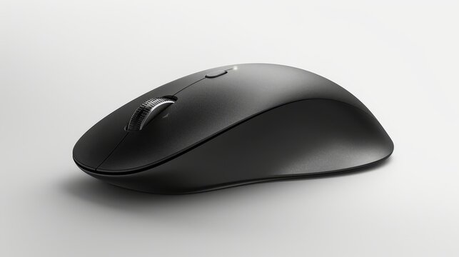   A detailed view of a computer mouse against a pristine white background, with a mirrored image of the mouse on its side