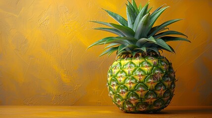   A pineapple on a table against a yellow wall backdrop
