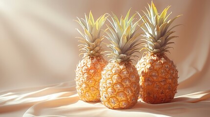   Three pineapples arranged beside one another on a bed of white, textured fabric against a gentle, light-hued background