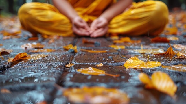   A person in yellow attire sits on the ground, hands resting on knees, surrounded by a scattered bunch of leaves