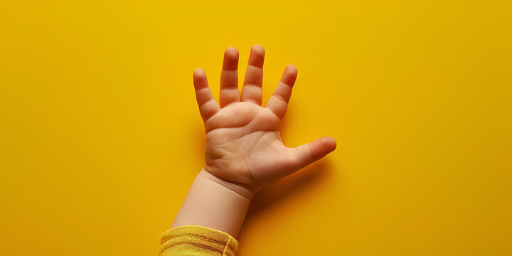Children's palm on a yellow background with copy space Baby child boy hands on yellow  background Closeup