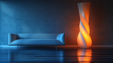  A living room featuring a blue couch against a blue wall In its center, a tall orange vase rests - obrazy, fototapety, plakaty