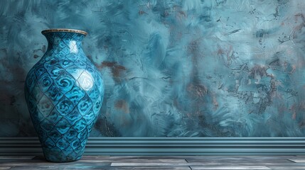   A blue vase sits on a table, facing a wall with a painting of blue swirling patterns